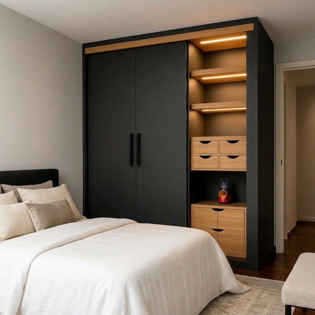 Ropero Closet Moderno Negro con Repisas y Luz LED