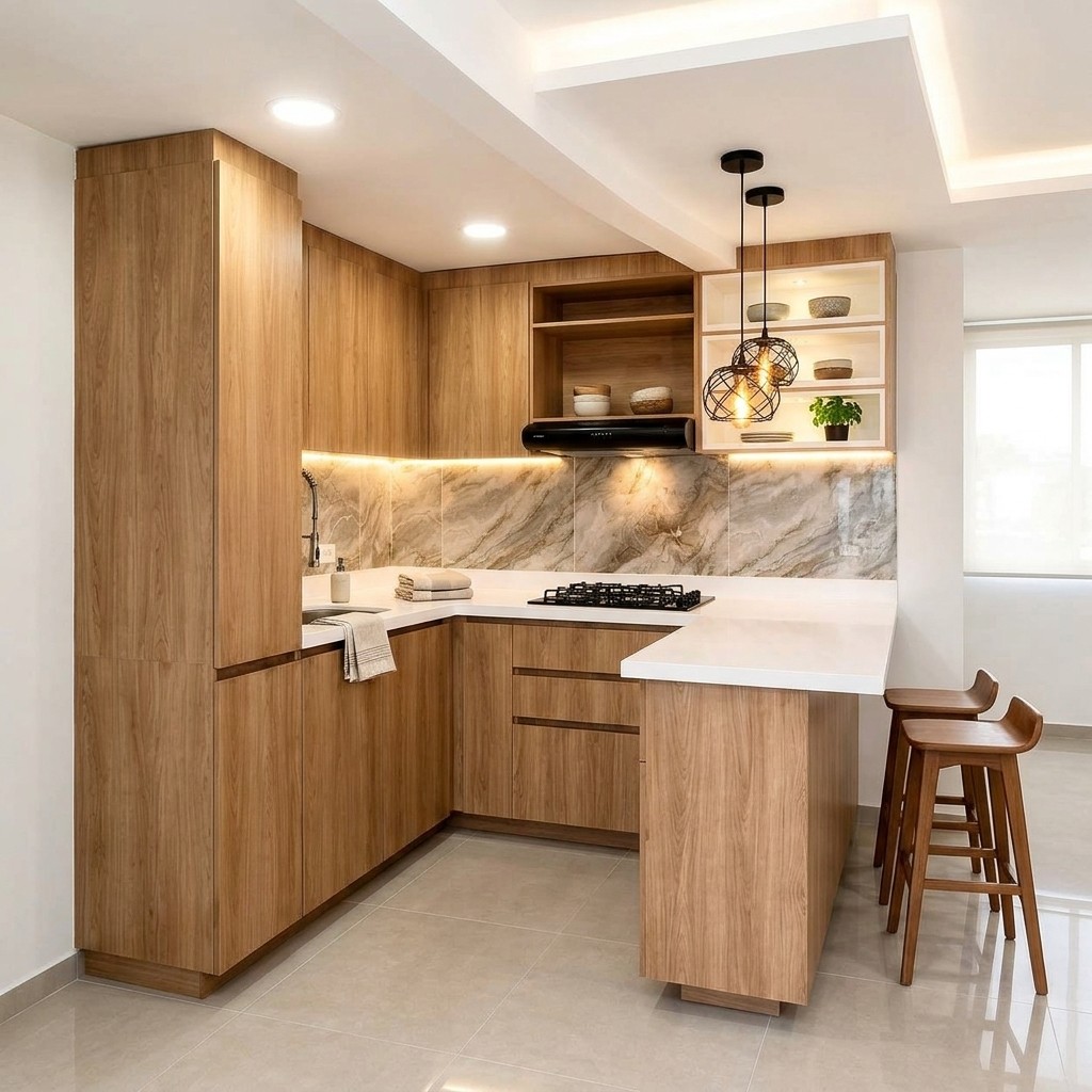 Cocina Integral Moderna Roble con Barra y Tableros