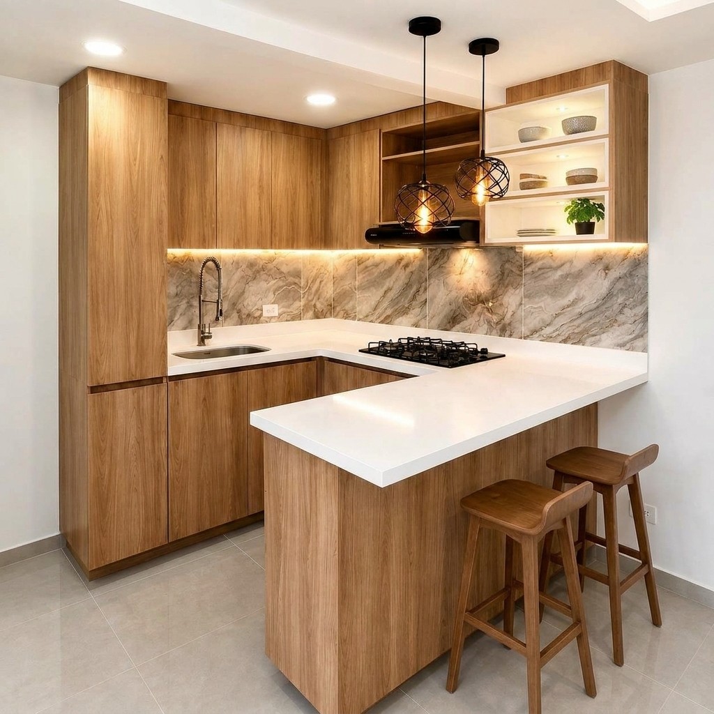 Cocina Integral Moderna Roble con Barra y Tableros