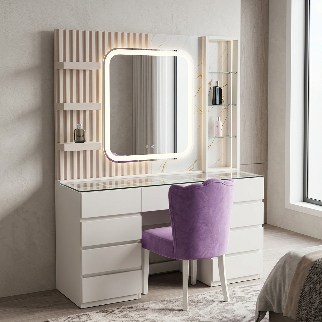 Tocador Moderno con Espejo LED y Tablero de Vidrio