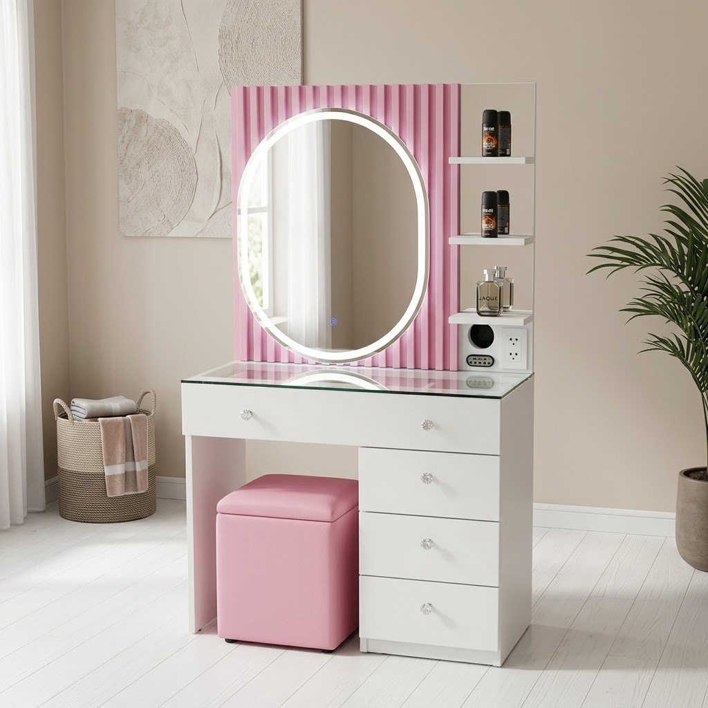 Tocador Moderno con Wall Panel, Espejo LED y Puff