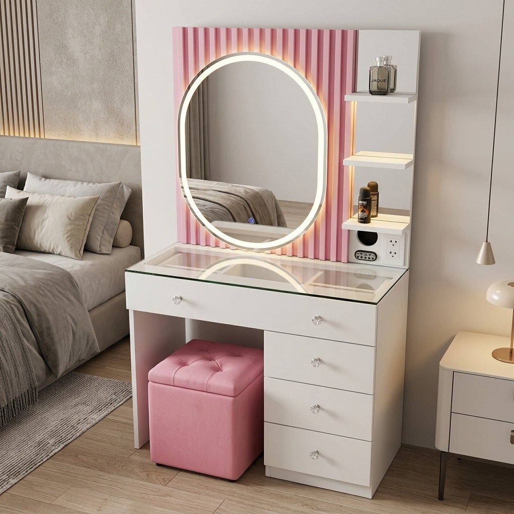 Tocador Moderno con Wall Panel, Espejo LED y Puff