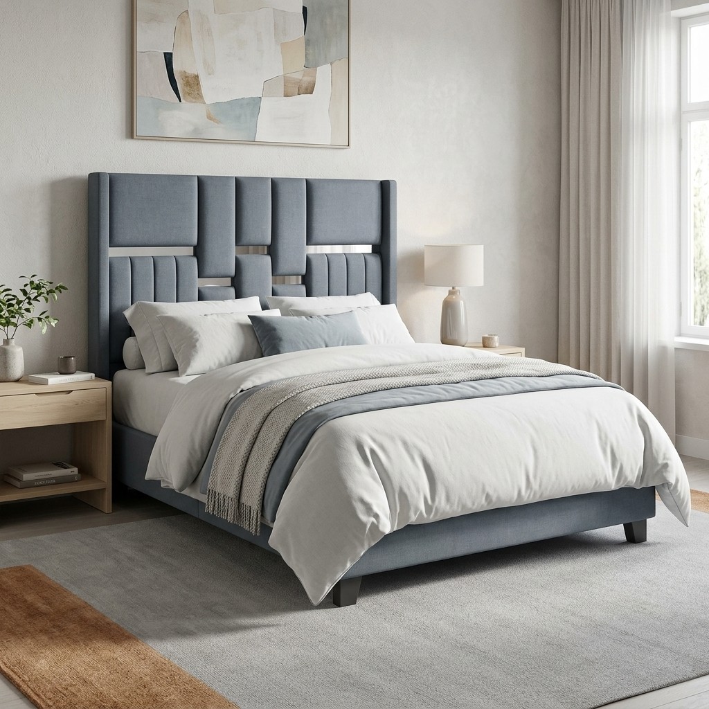 Cama Tapizada 2 Plazas Milán Azul Pizarra