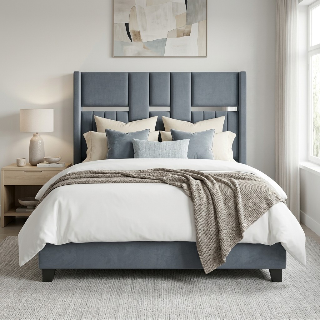 Cama Tapizada 2 Plazas Milán Azul Pizarra
