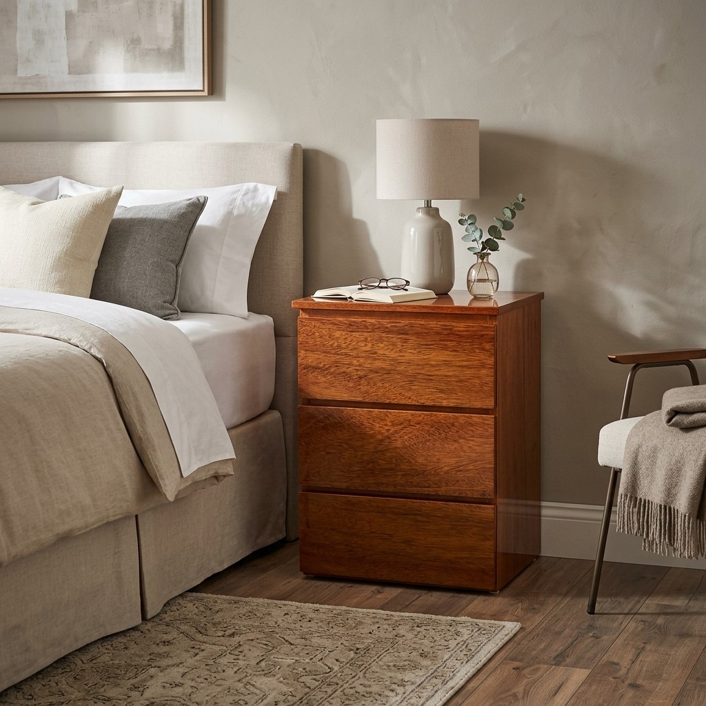 Velador Moderno de Madera con 3 Cajones