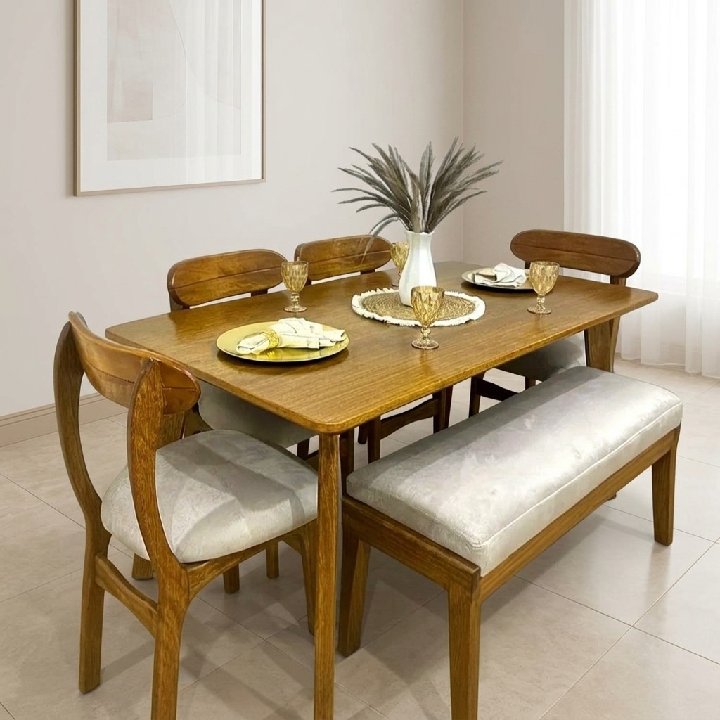Juego de Comedor 6 Personas con Banca y Sillas de Madera