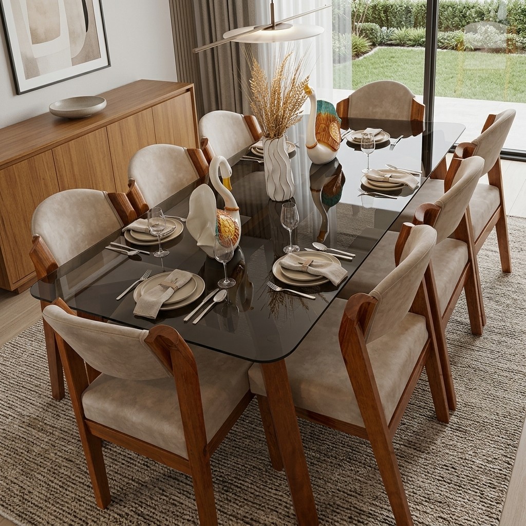 Juego de Comedor 8 Sillas Cristal y Madera Nórdico
