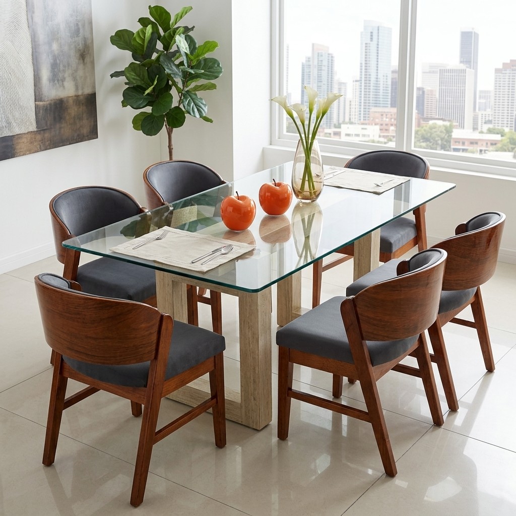 Juego de Comedor 6 Sillas Base de Mármol y Vidrio