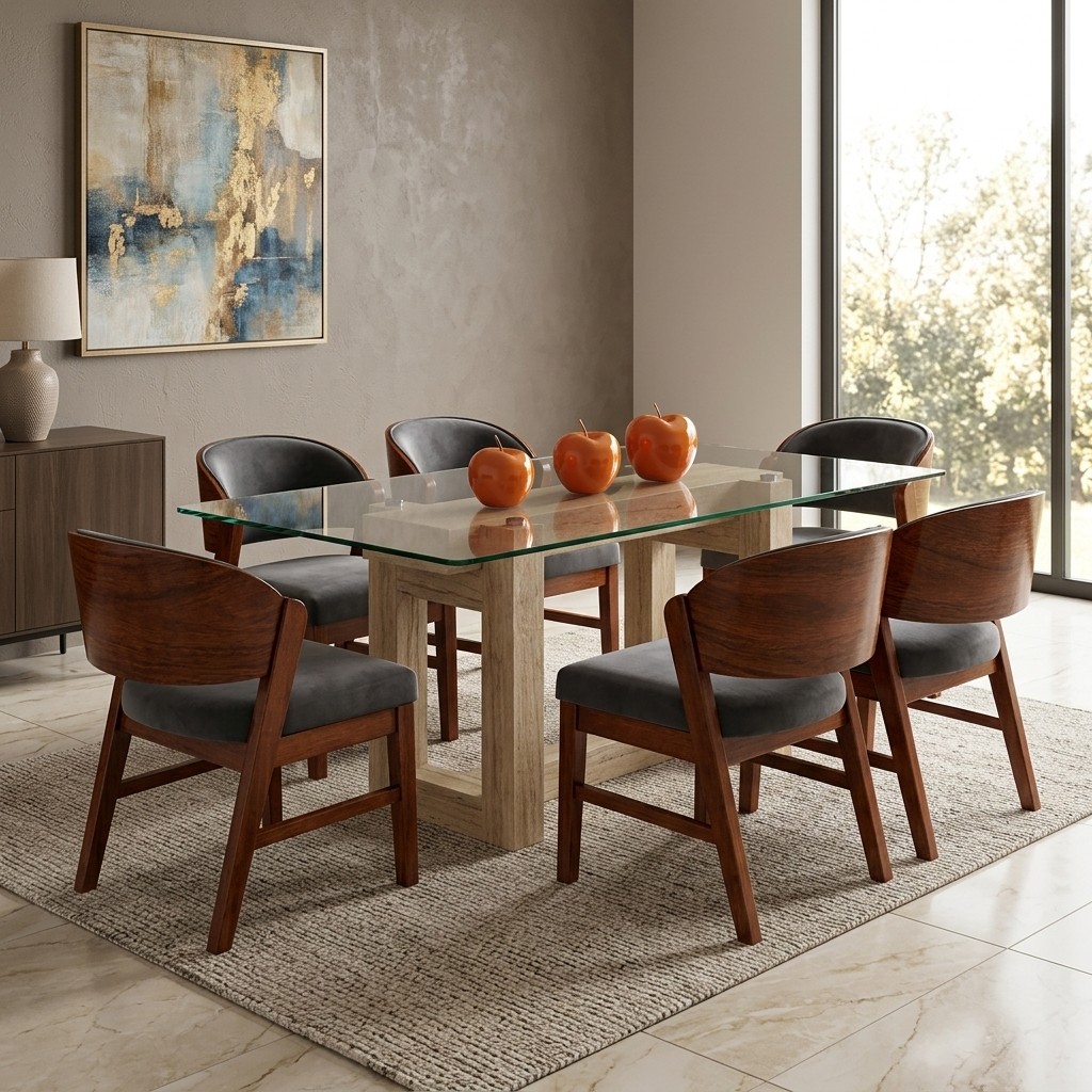 Juego de Comedor 6 Sillas Base de Mármol y Vidrio