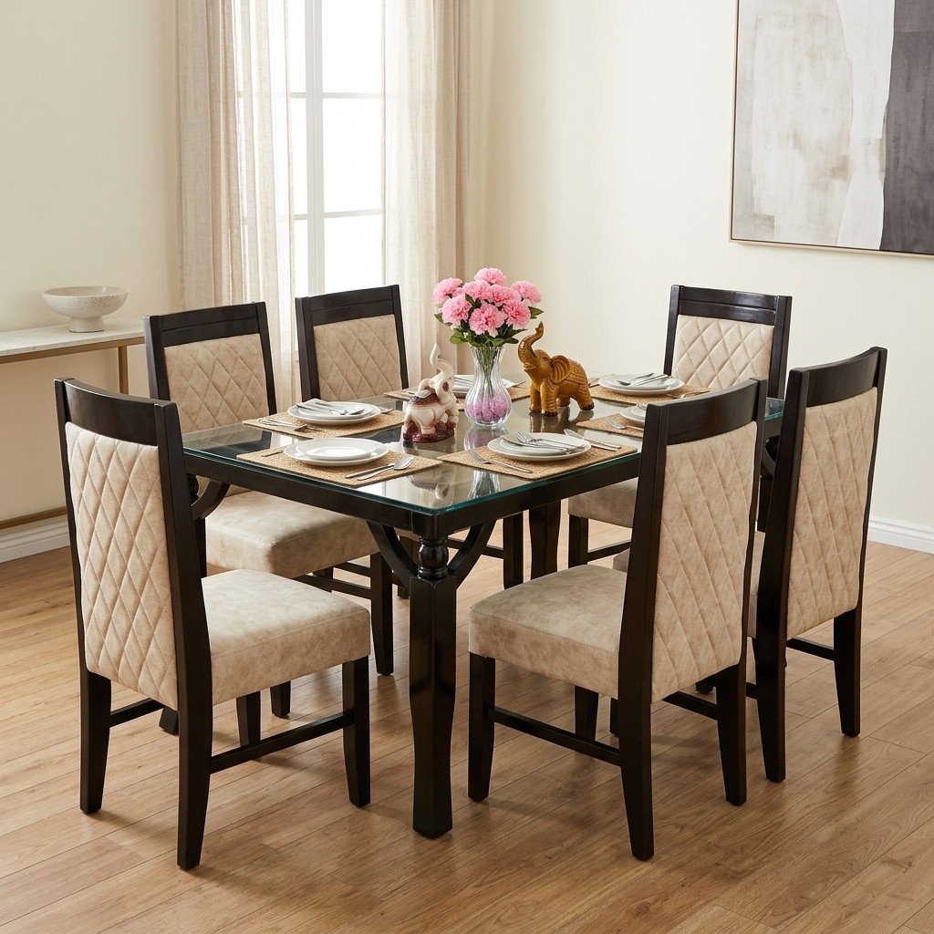 Juego de Comedor 6 Sillas Nogal con Tablero de Vidrio
