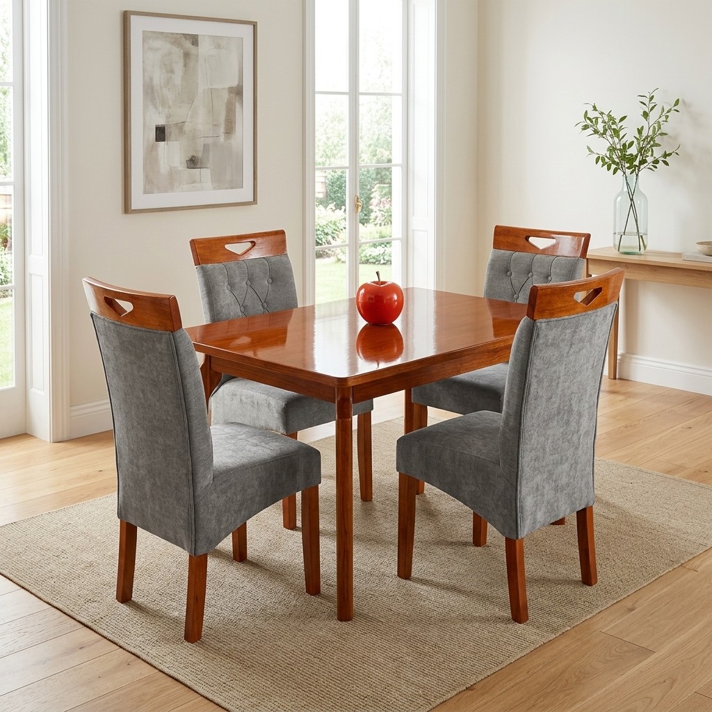 Juego de Comedor 4 Sillas Madera y Tapiz Gris