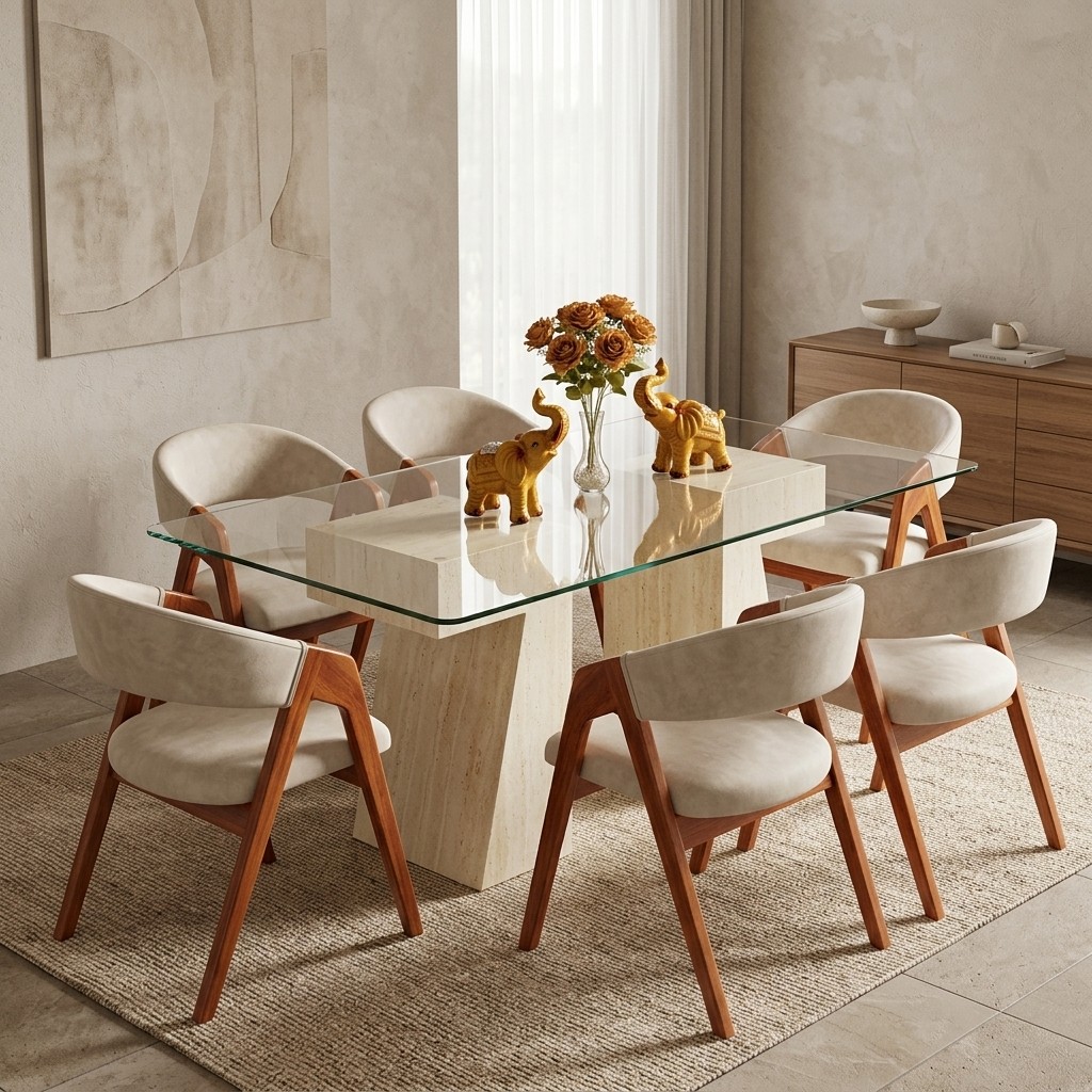 Juego de Comedor 6 Sillas Base de Mármol y Vidrio