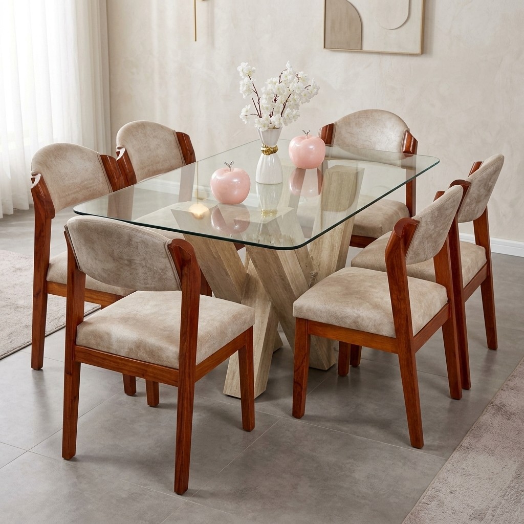 Juego de Comedor 6 Sillas Base W Mármol y Tablero Vidrio