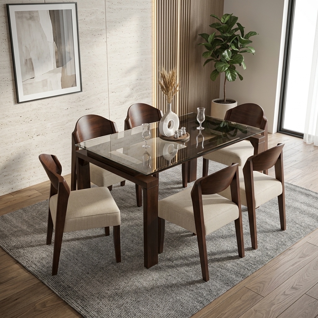 Juego de Comedor 6 Sillas Nogal con Tablero de Vidrio
