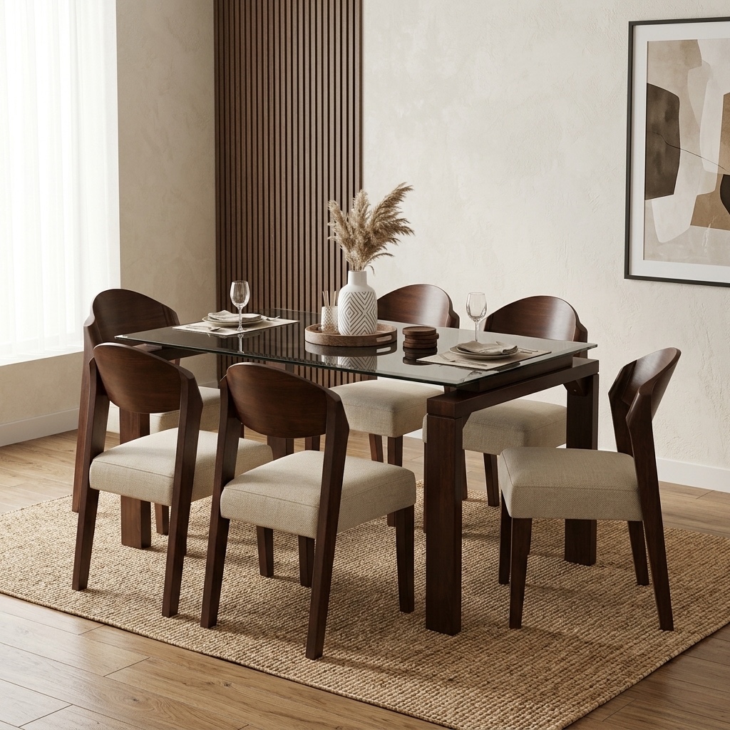 Juego de Comedor 6 Sillas Nogal con Tablero de Vidrio