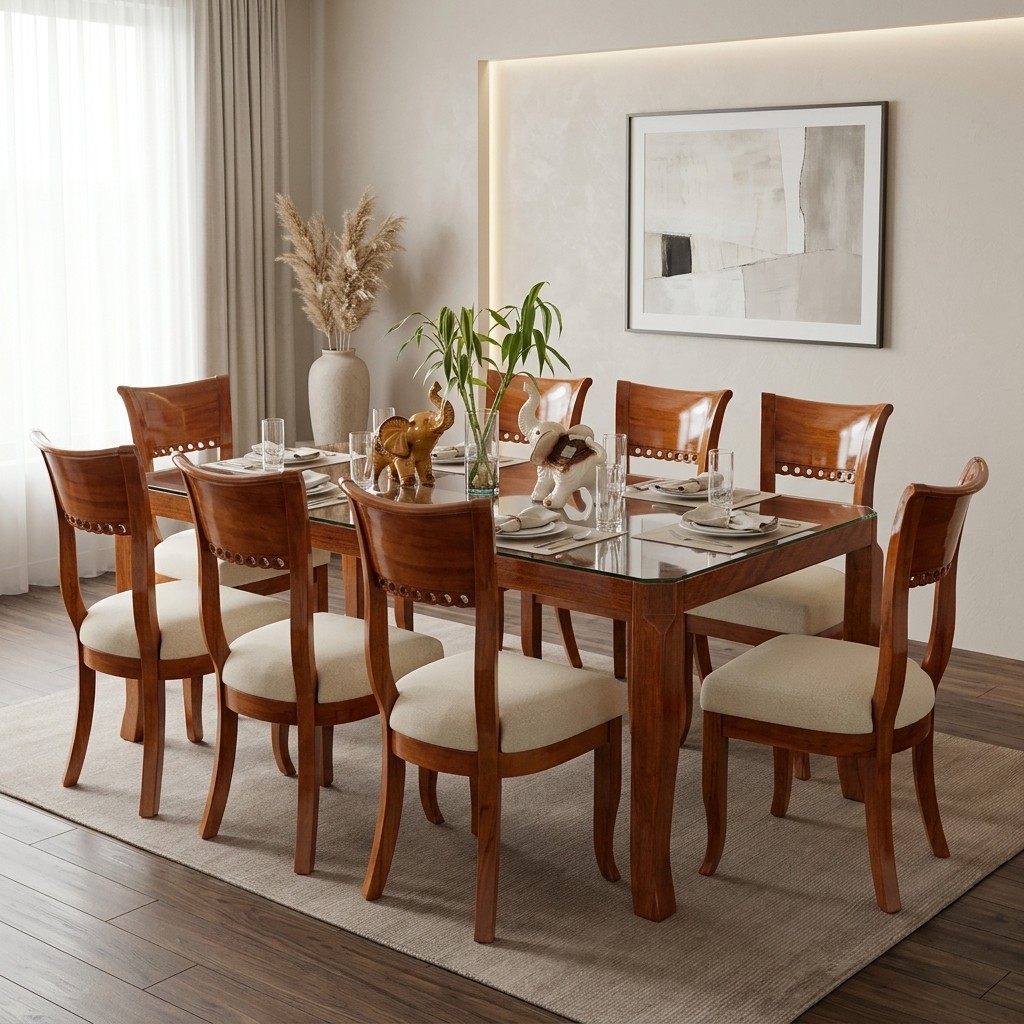 Juego De Comedor Clásico De 8 Sillas En Madera Y Vidrio