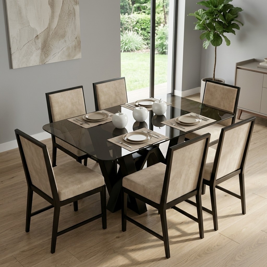 Juego De Comedor 6 Sillas Base W Nogal Y Vidrio