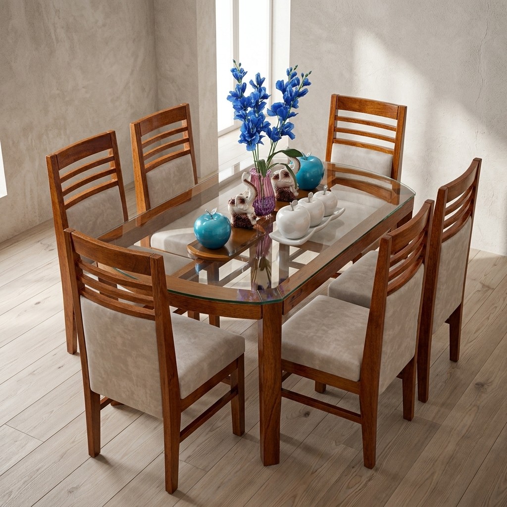 Juego de Comedor 6 Sillas Tablero Curvo de Vidrio