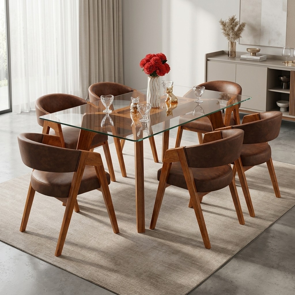 Juego de Comedor 6 Sillas Mesa de Vidrio y Madera