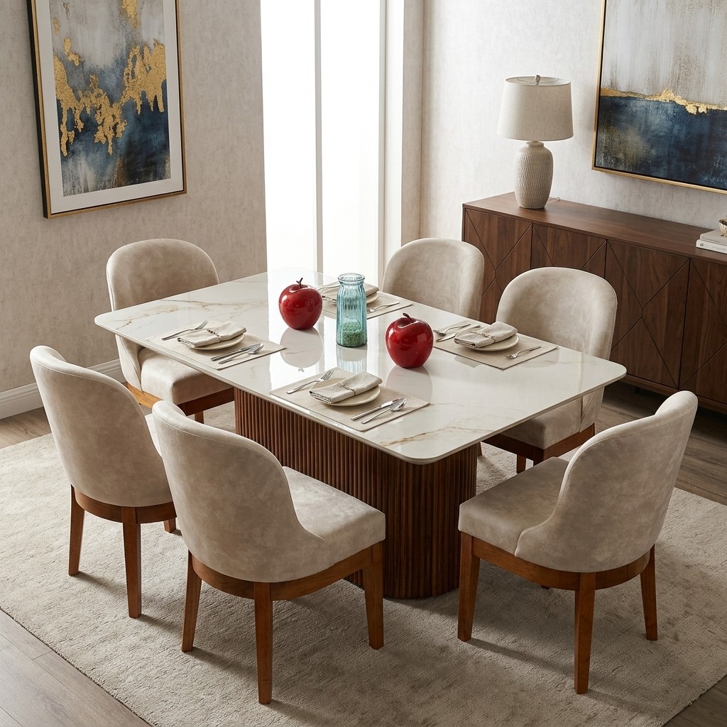 Juego de Comedor 6 Sillas con Tablero de Piedra y Madera