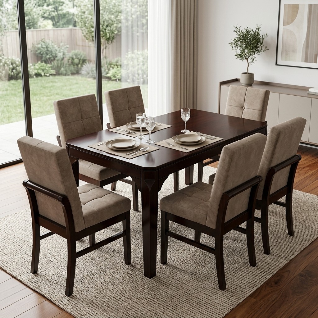 Juego De Comedor 6 Sillas Nogal Y Tapiz Beige