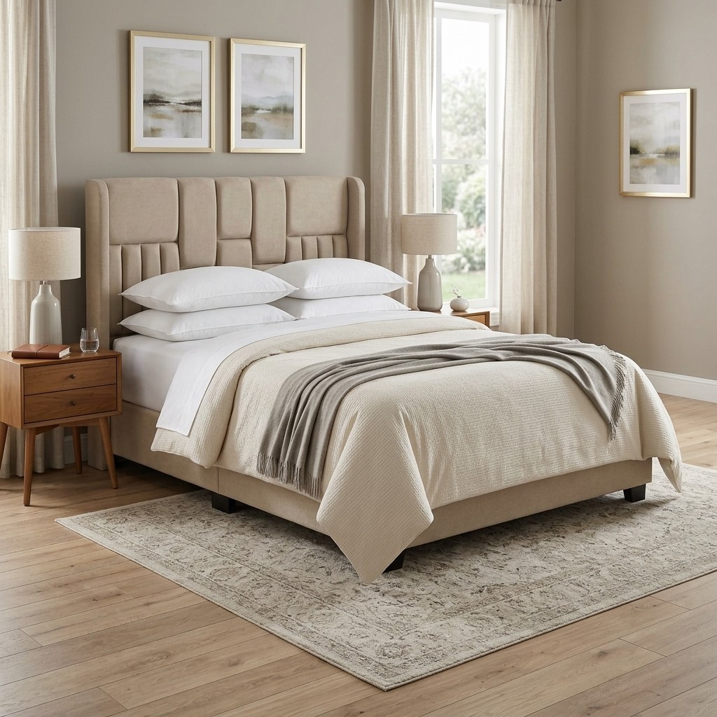 Cama Tapizada 2 Plazas Beige Cabecera Acolchada