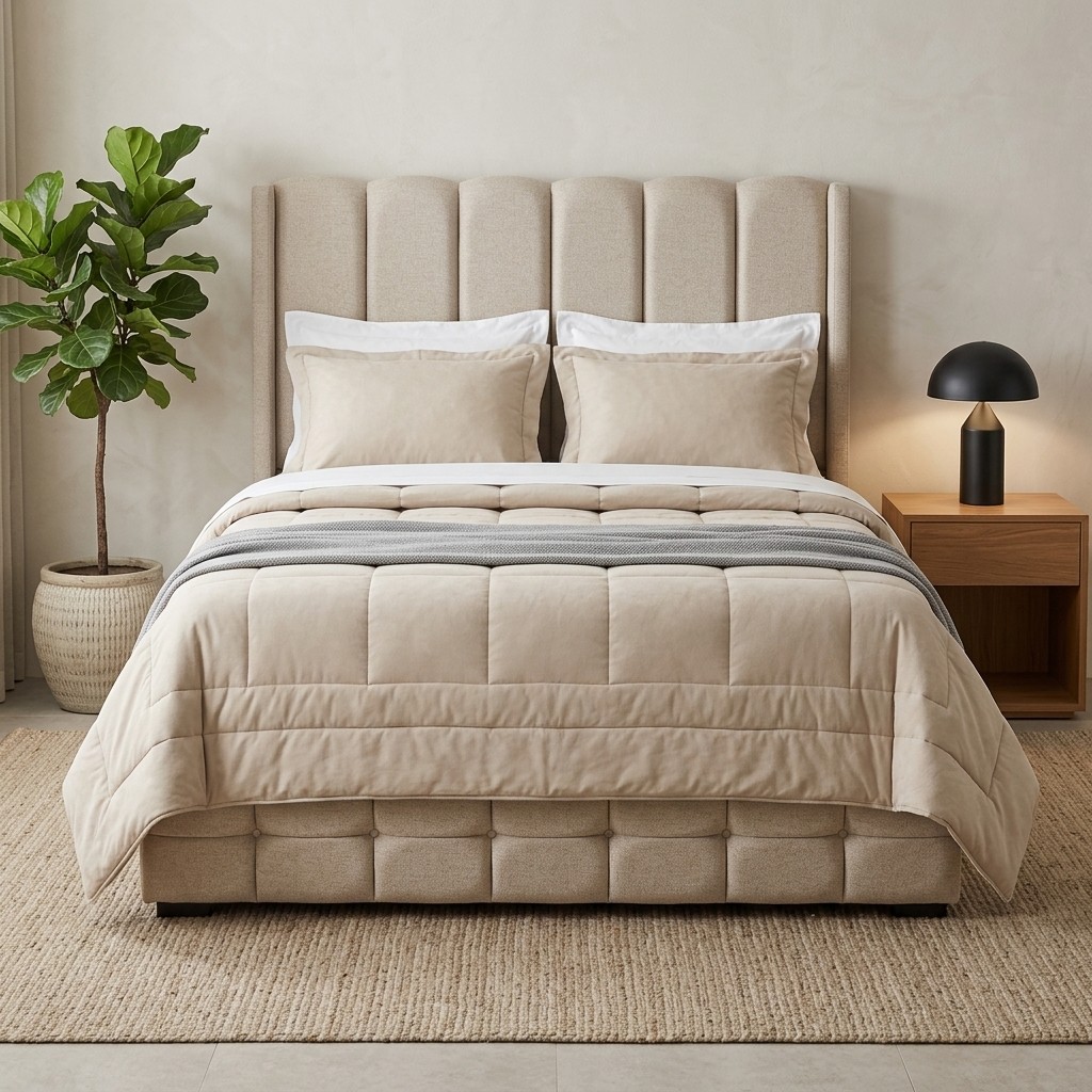 Cama Tapizada 2 Plazas Beige Respaldo Acolchado