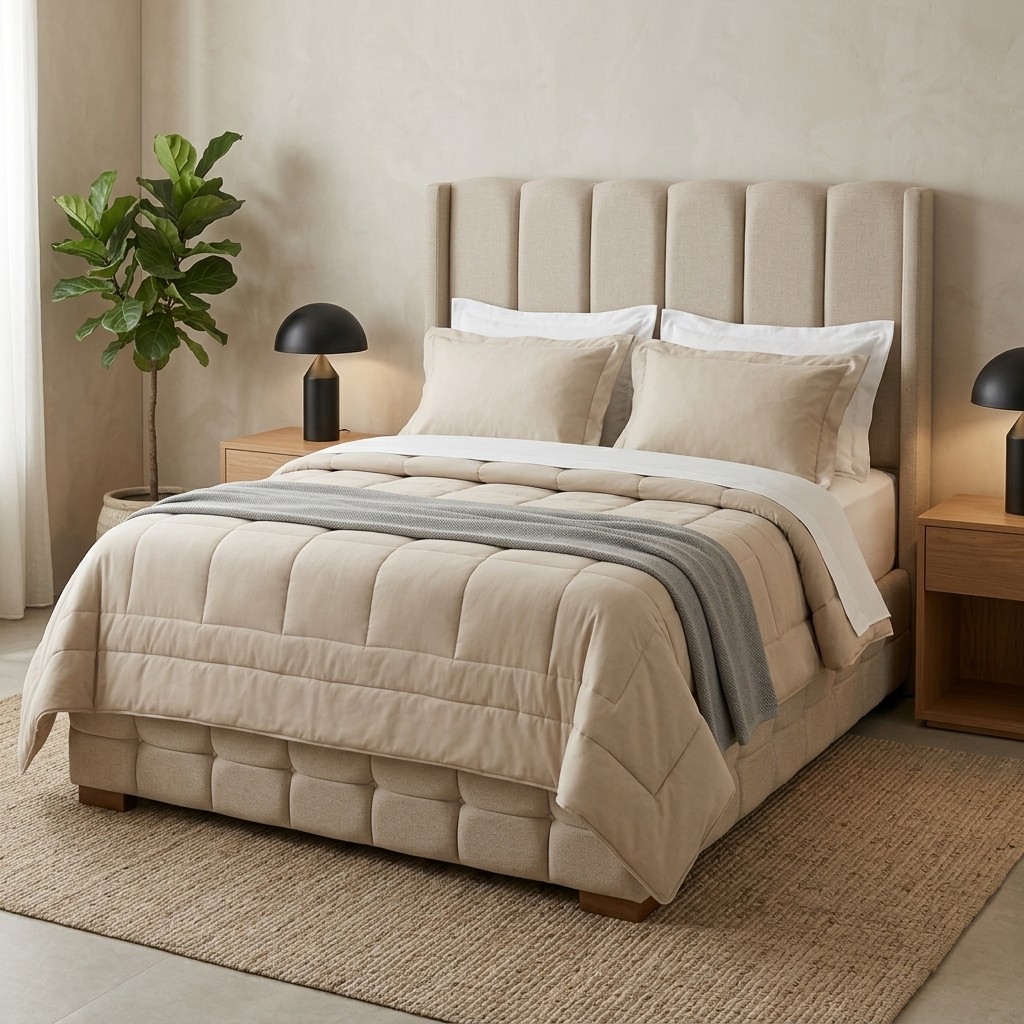 Cama Tapizada 2 Plazas Beige Respaldo Acolchado