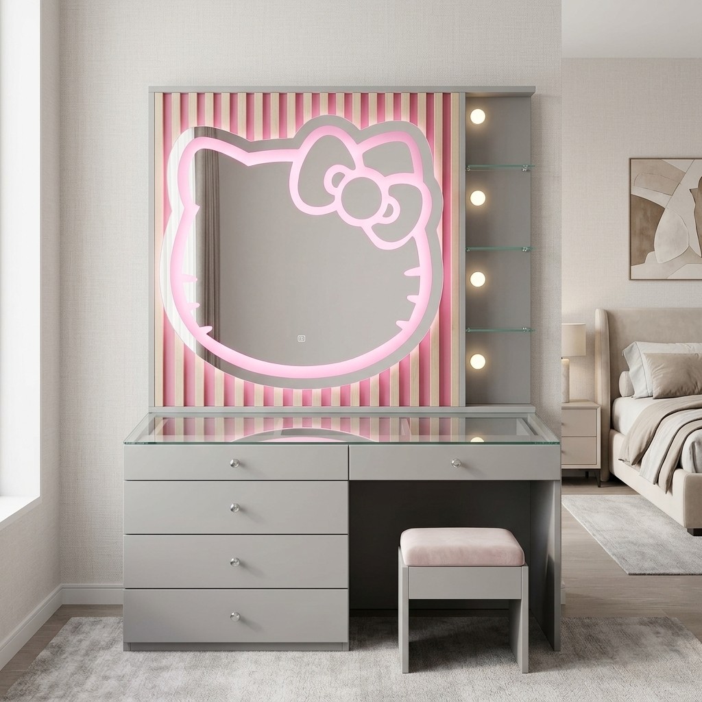 Tocador Moderno Hello Kitty con Espejo LED y Banqueta
