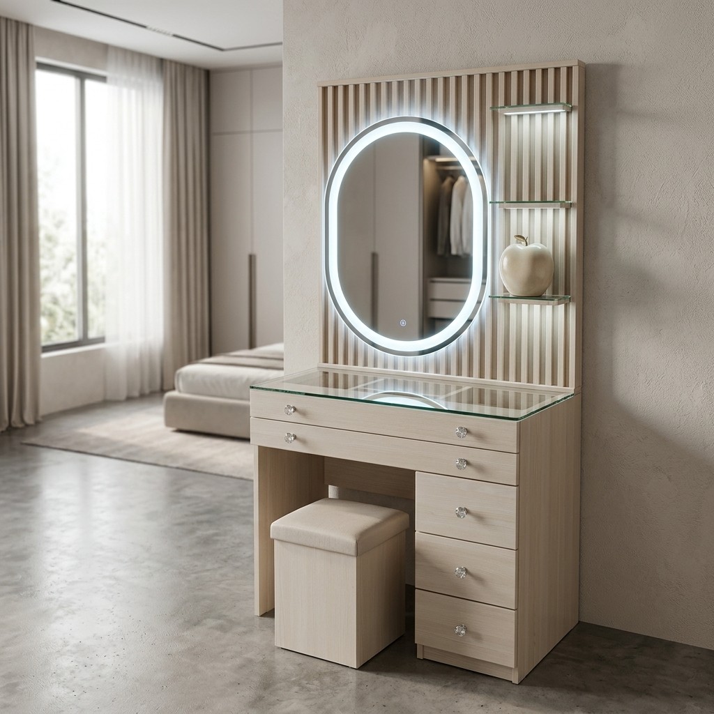 Tocador Moderno con Espejo LED Ovalado y Taburete