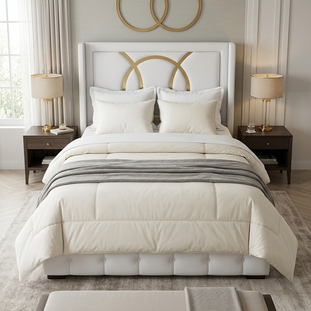 Cama Tapizada 2 Plazas Elegance Blanco y Dorado