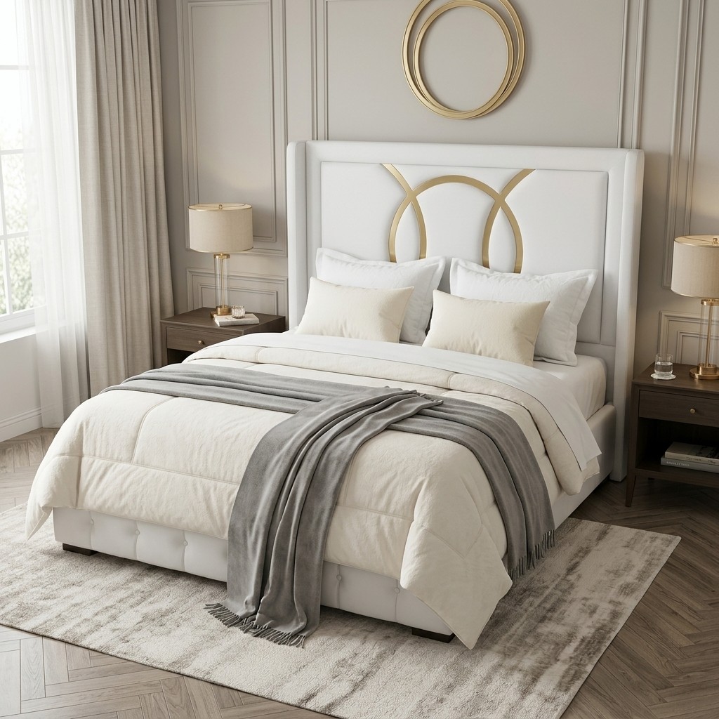 Cama Tapizada 2 Plazas Elegance Blanco y Dorado