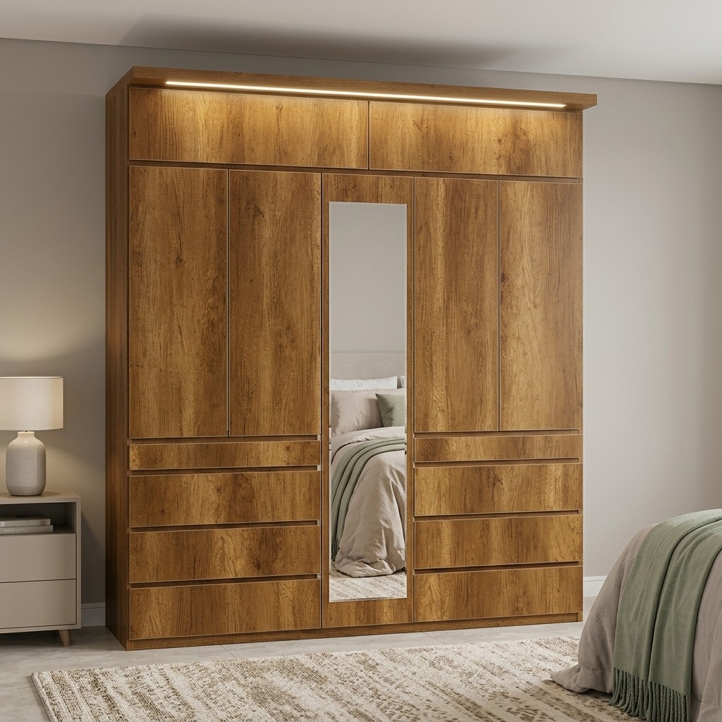 Ropero Closet Grande Caramelo con Espejo y Luz LED