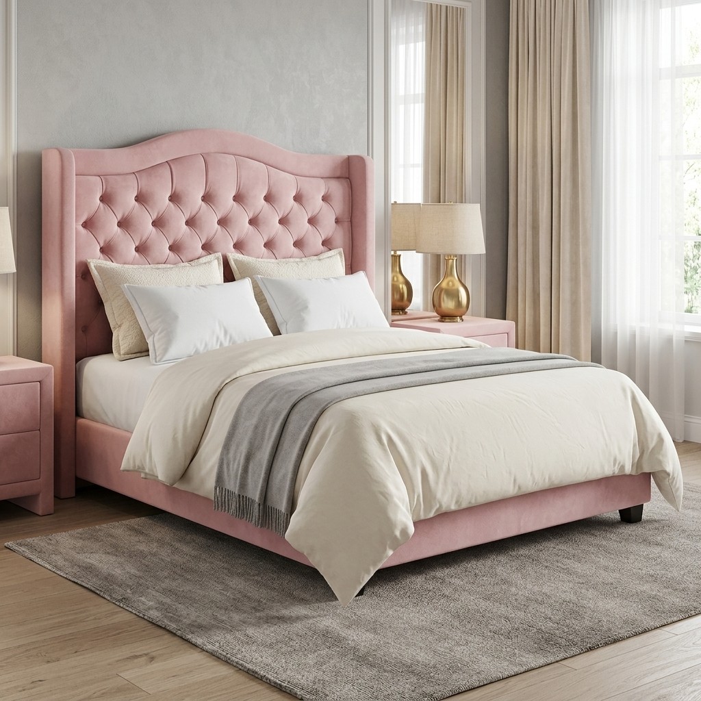 Cama Tapizada 2 Plazas Capitoné Terciopelo Rosa
