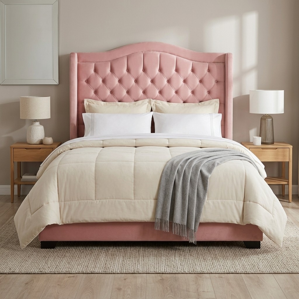 Cama Tapizada 2 Plazas Capitoné Terciopelo Rosa