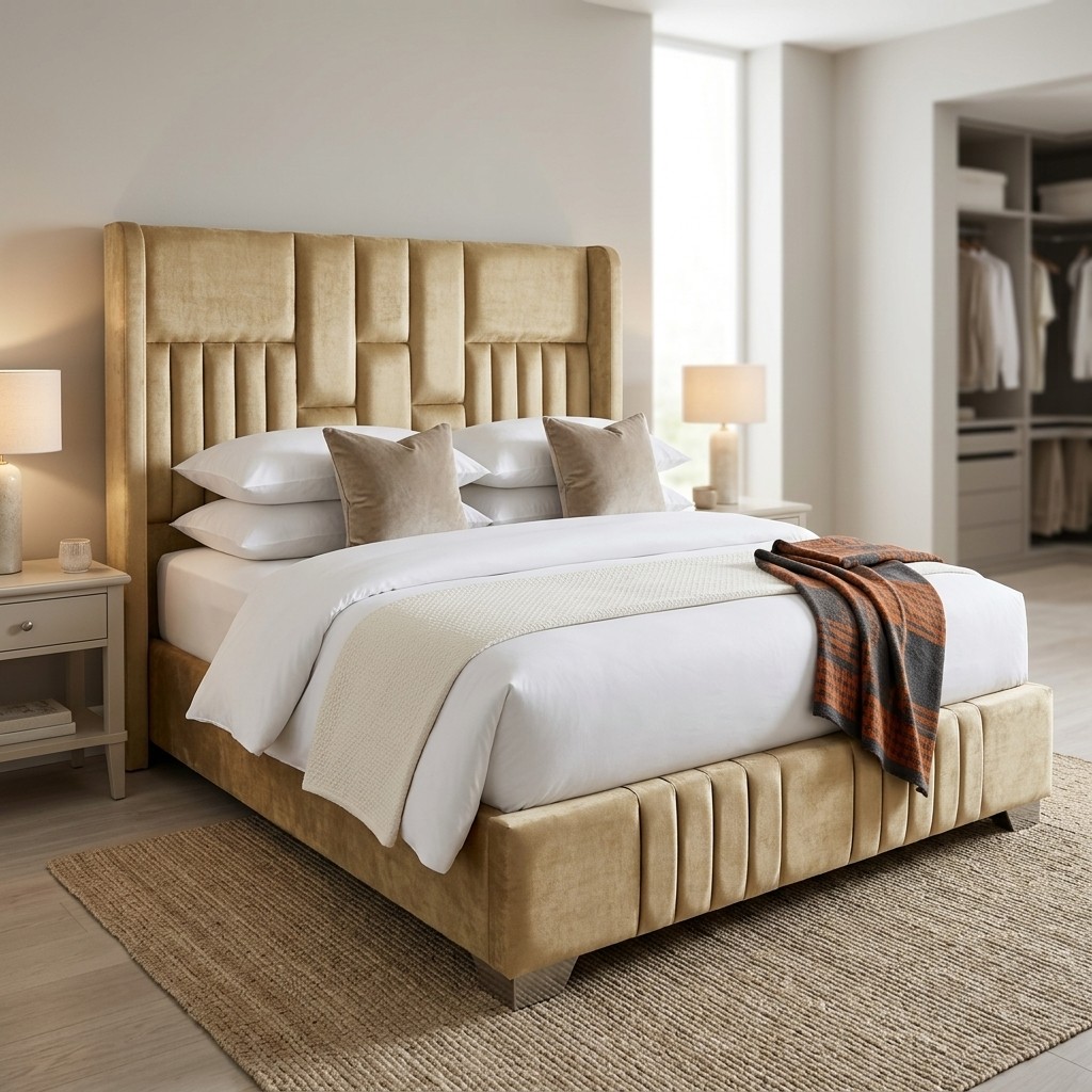 Cama Tapizada 2 Plazas Velvet Dorado Imperial