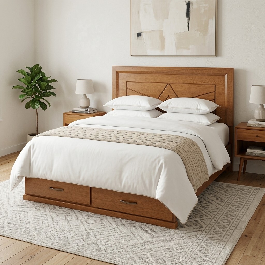 Cama de Madera 2 Plazas con Cajoneras Integradas
