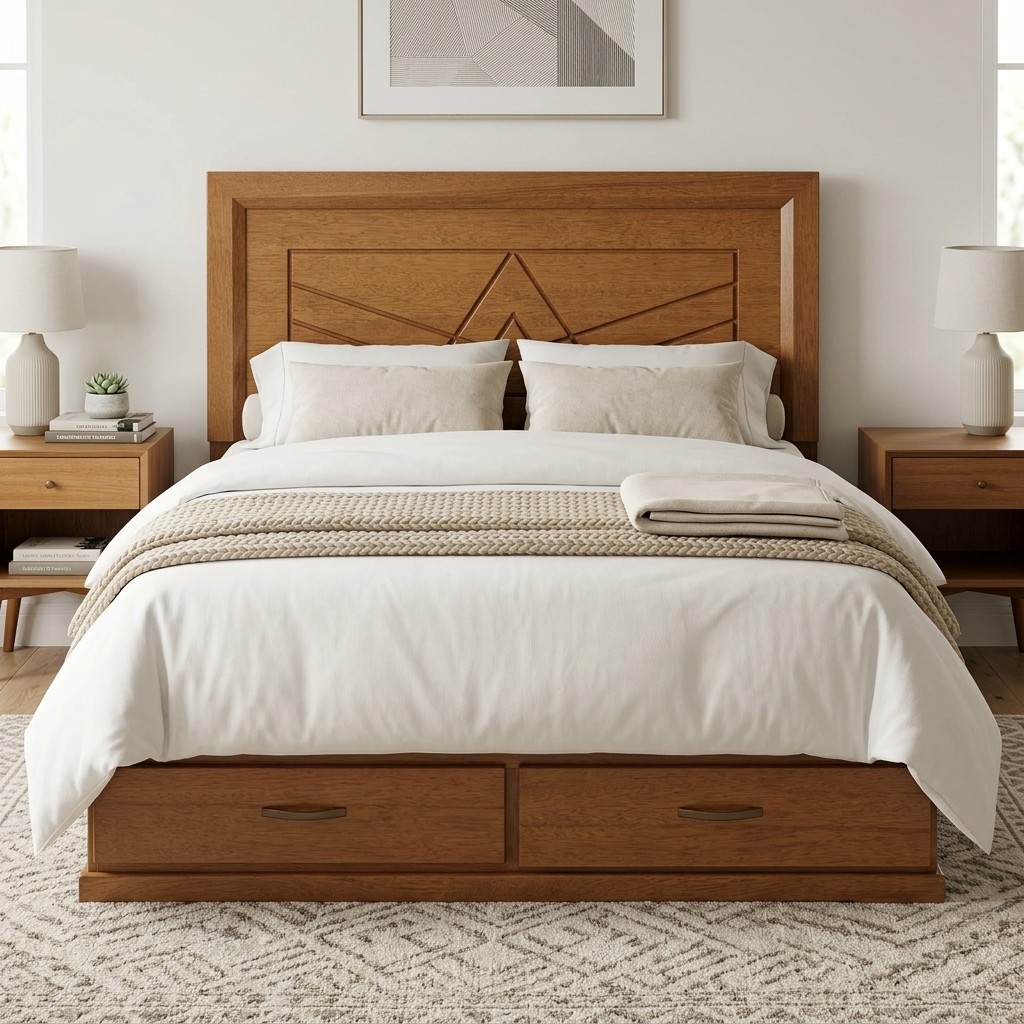Cama de Madera 2 Plazas con Cajoneras Integradas