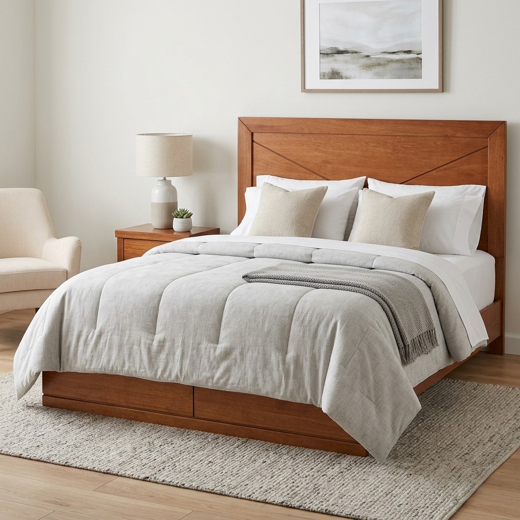 Cama de 2 Plazas en Madera con Cabecera Contemporánea