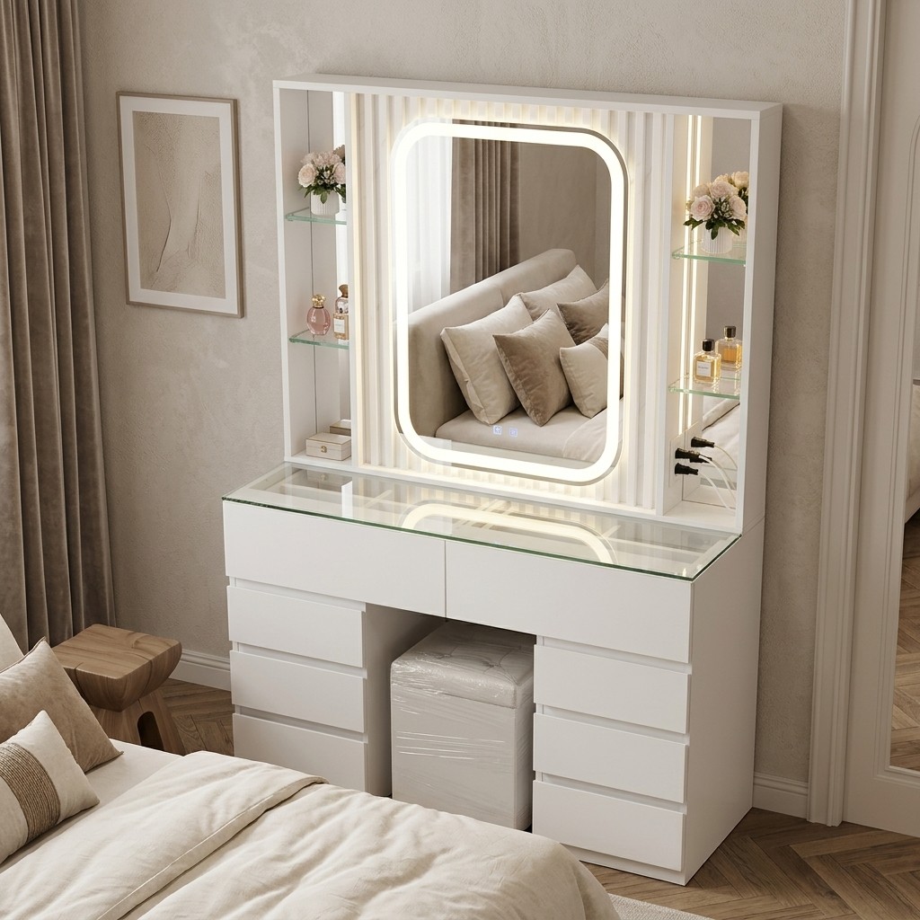 Tocador Moderno Blanco con Espejo Luz LED y Vidrio