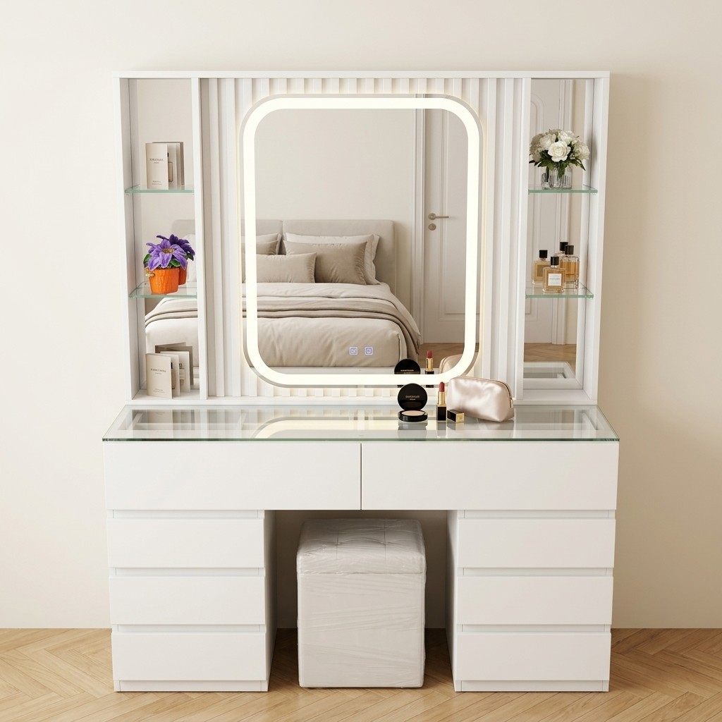 Tocador Moderno Blanco con Espejo Luz LED y Vidrio