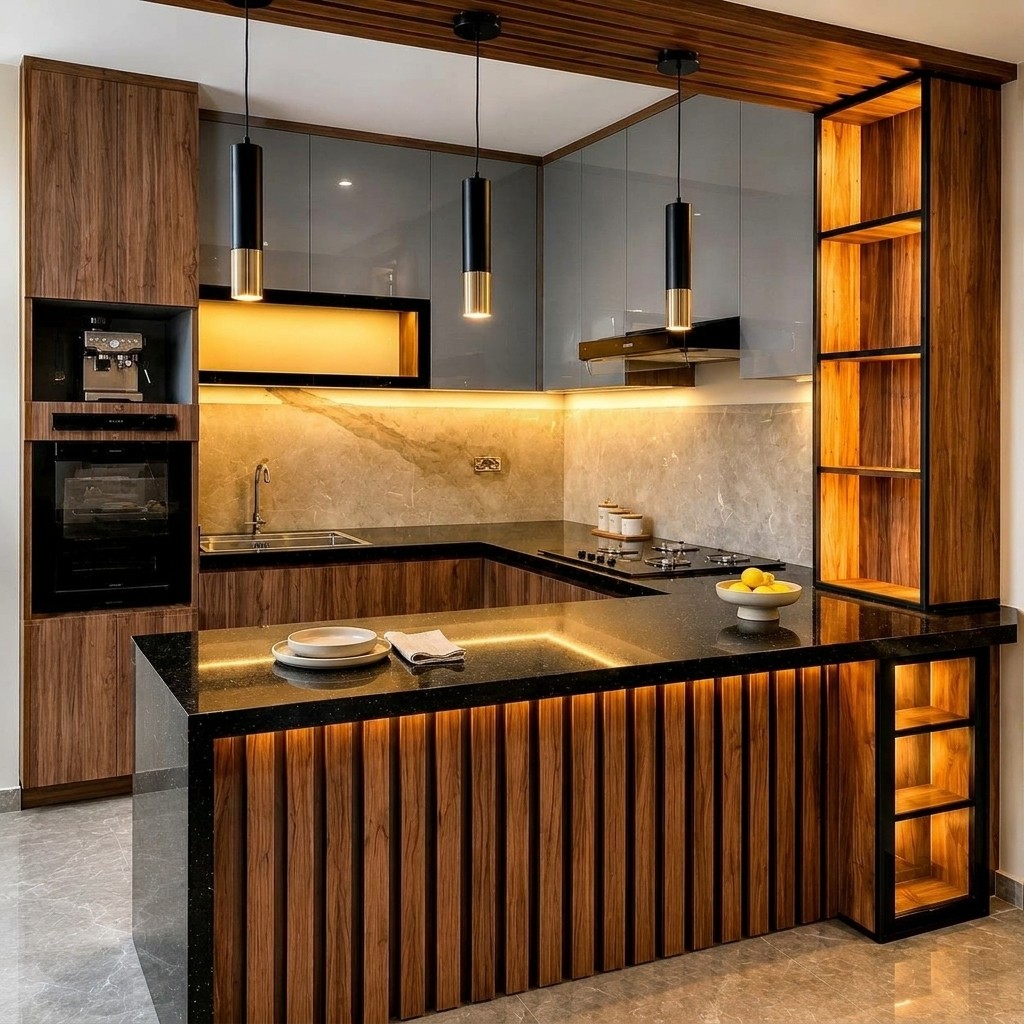 Cocina Integral Moderna con Isla Alistonada y Granito