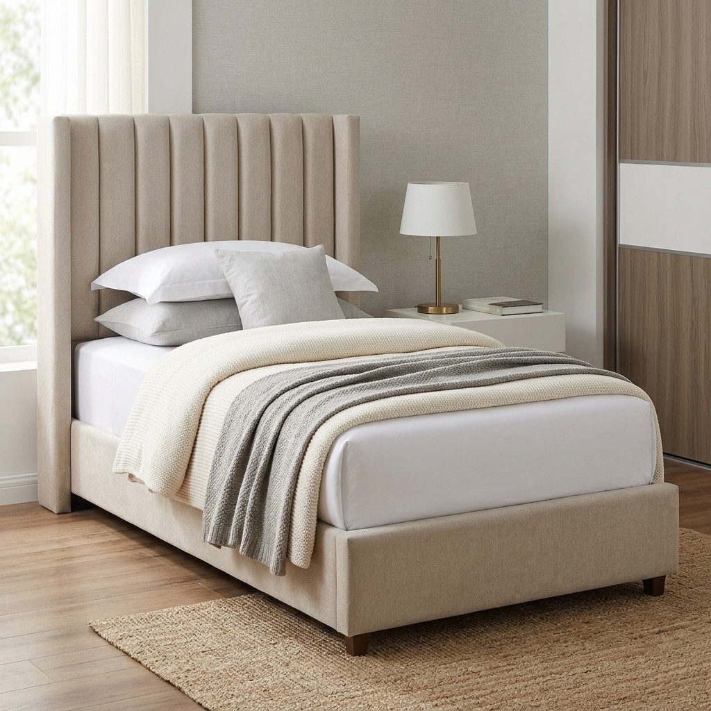 Cama Tapizada 1.5 Plazas Cabecera Acolchada Beige