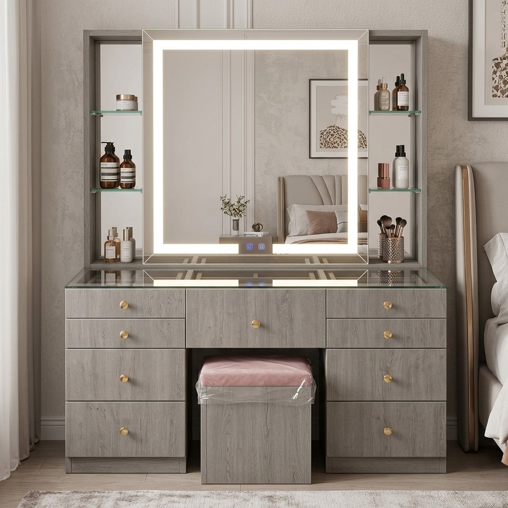 Tocador Moderno con Espejo LED Táctil y Taburete