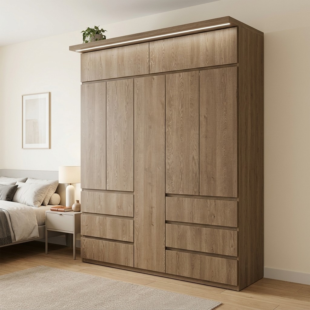 Ropero Closet 5 Puertas con Cajones y Luz LED Roble