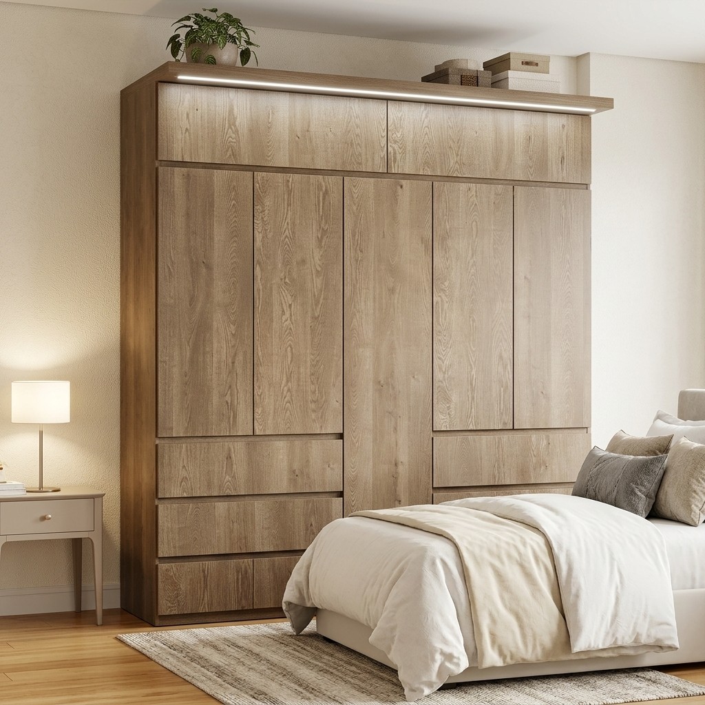 Ropero Closet 5 Puertas con Cajones y Luz LED Roble