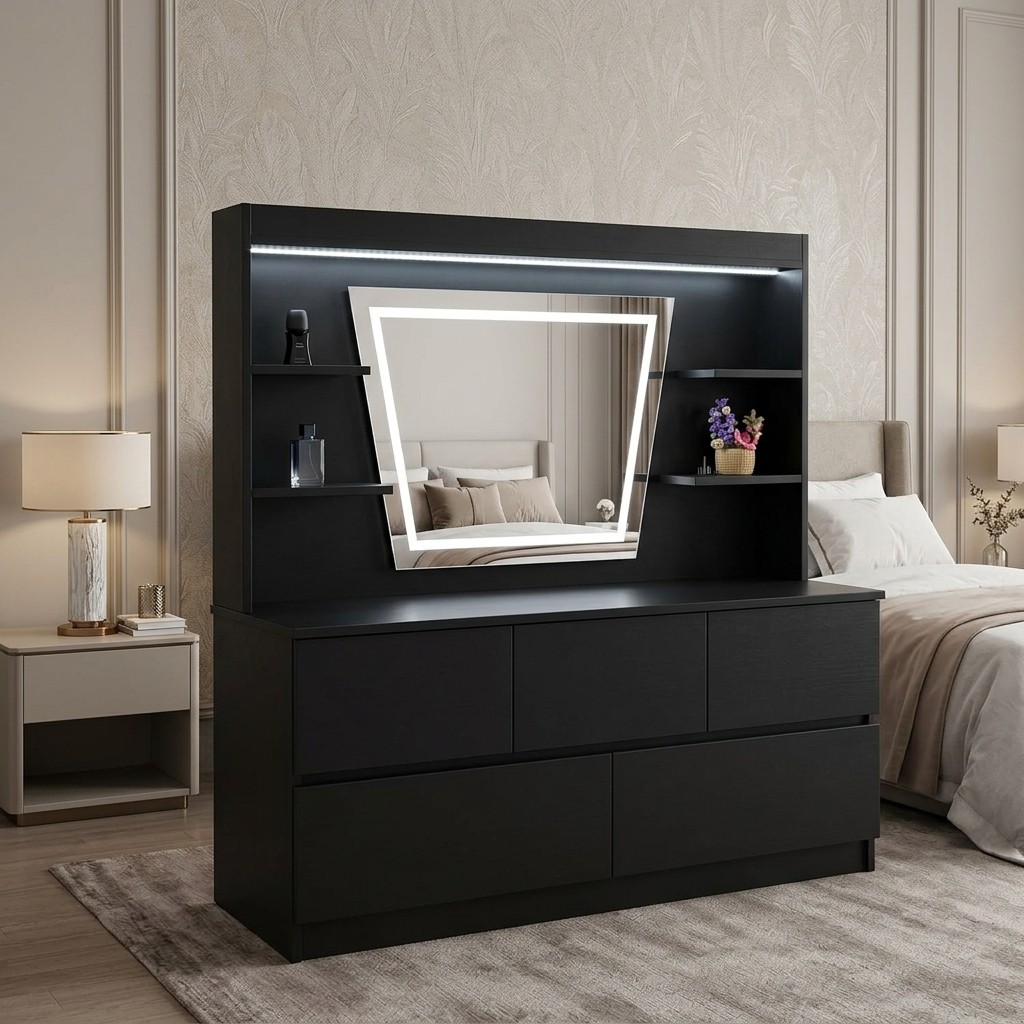 Cómoda Tocador Moderna con Espejo LED y Repisas