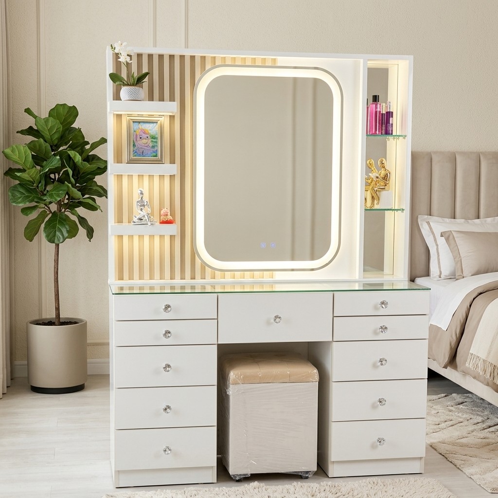 Tocador Vanity Moderno con Espejo LED y 9 Cajones