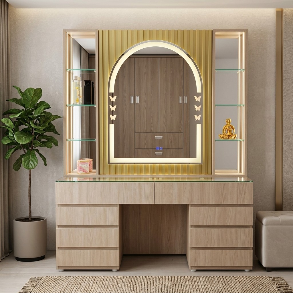 Tocador Moderno Wall Panel con Espejo LED y Repisas