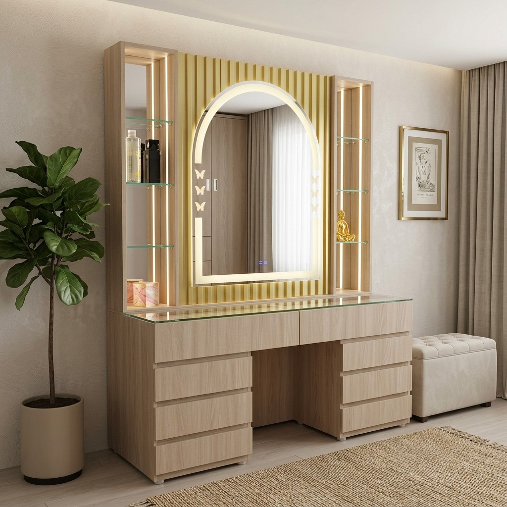 Tocador Moderno Wall Panel con Espejo LED y Repisas
